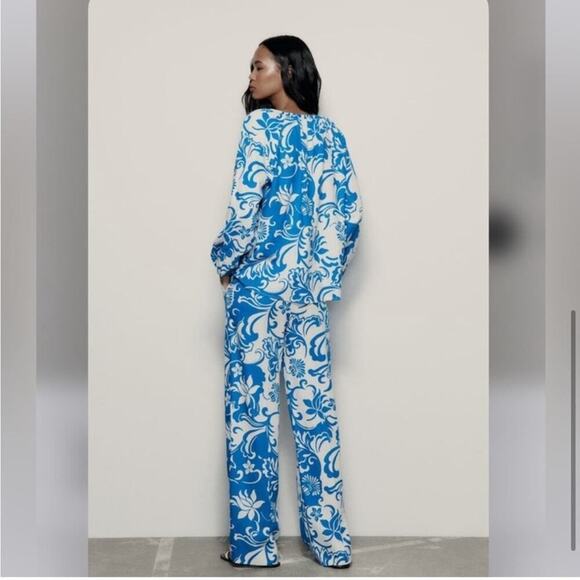 Zara Blue and White PRINTED LINEN BLEND SHIRT - Picture 6 of 9